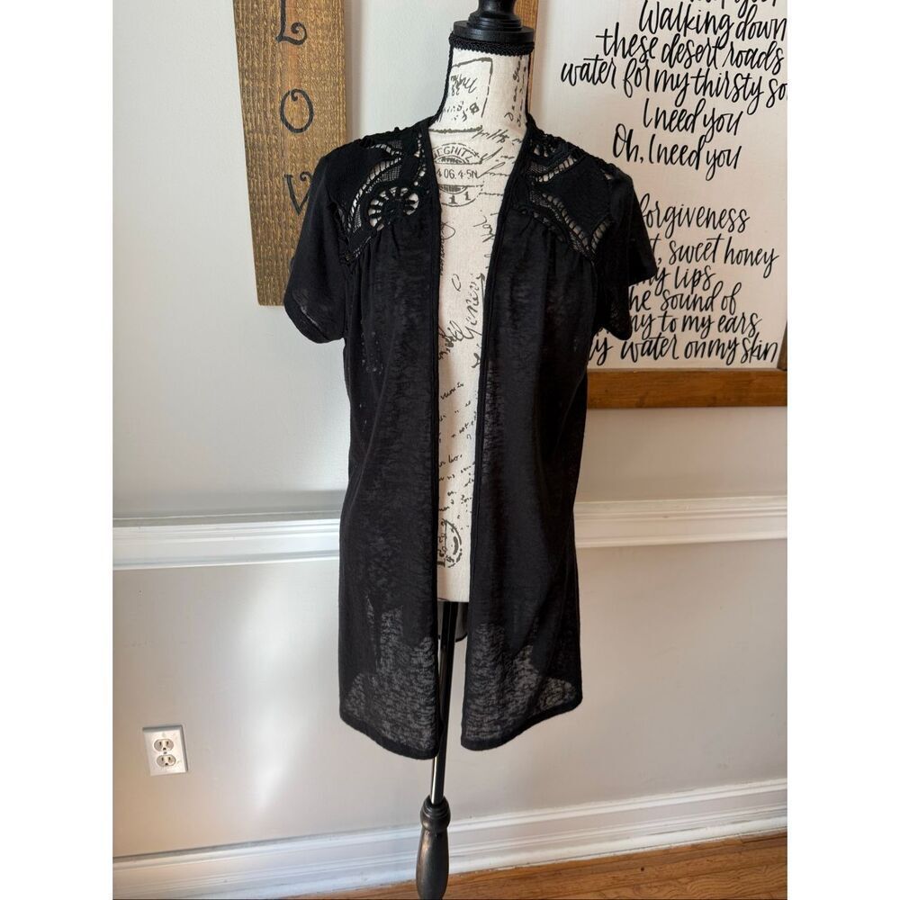 NWT August Silk Women's Mixed-Media Crochet-Trim Cardigan Sweater Black Medium